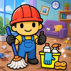 The character is cleaning up and completing the task early