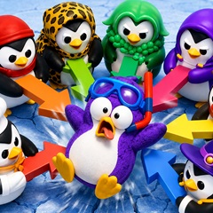 A group of colorful penguins are surrounding the penguin