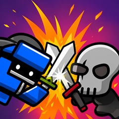 Robot warriors and skeletal enemies are clashing with swords